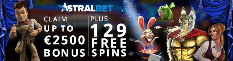 up to 150% up to $/€2,500 + 129 Free Spins Starter Kit Bonus from AstralBet Casino